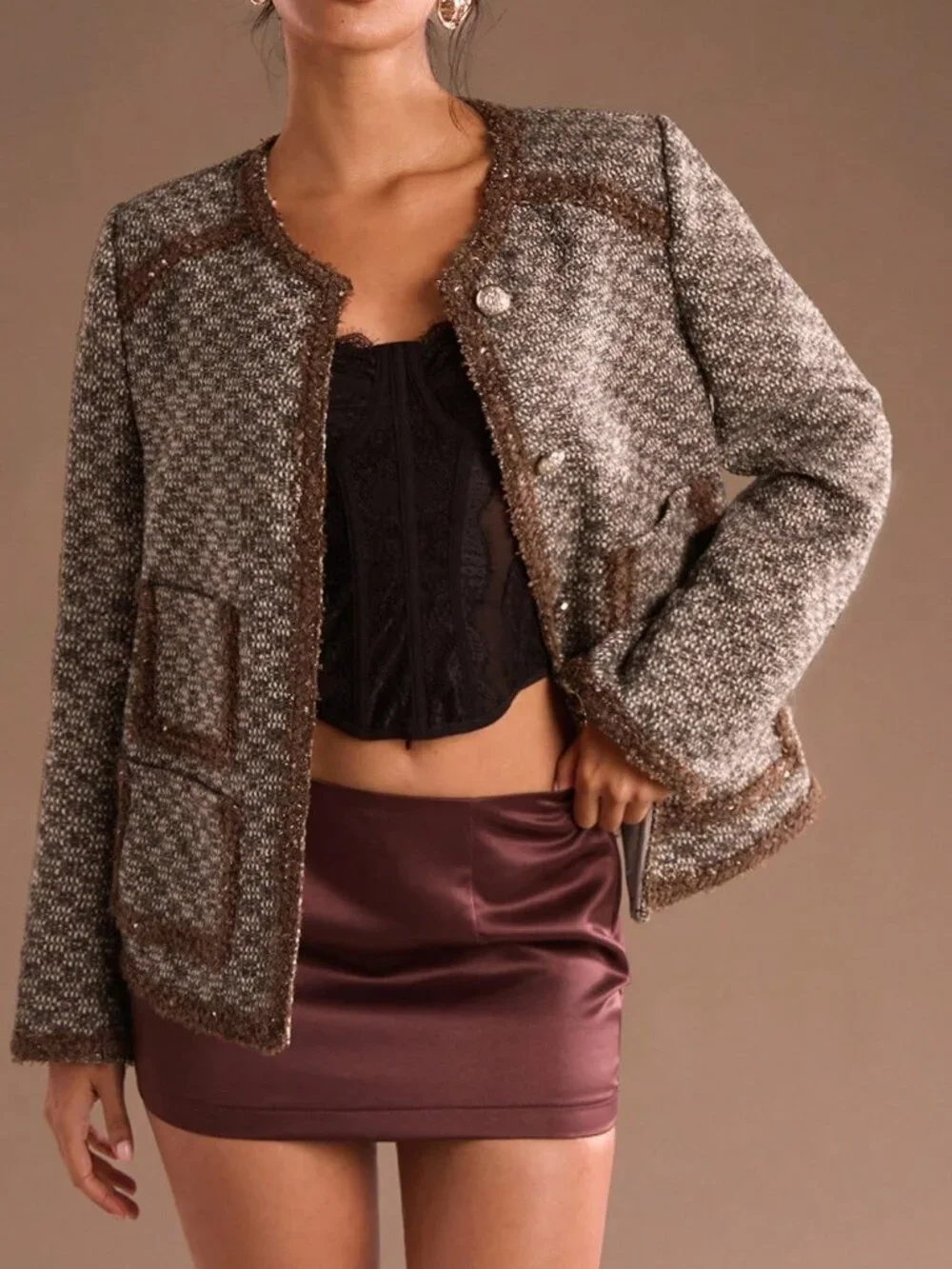 Elegant Women's Long Sleeve Tweed blazer Jacket